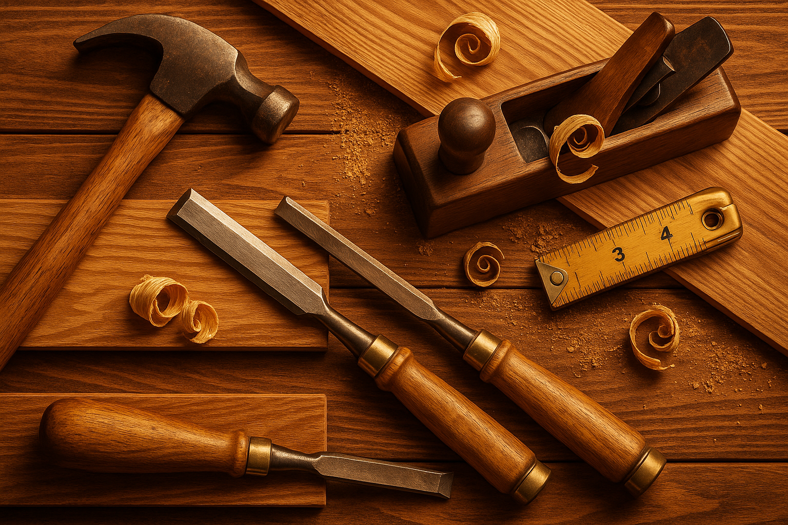 Design a hero banner image (no text) to represent carpentry & home repairs. Gold and brown colour. Make it mobile friendly