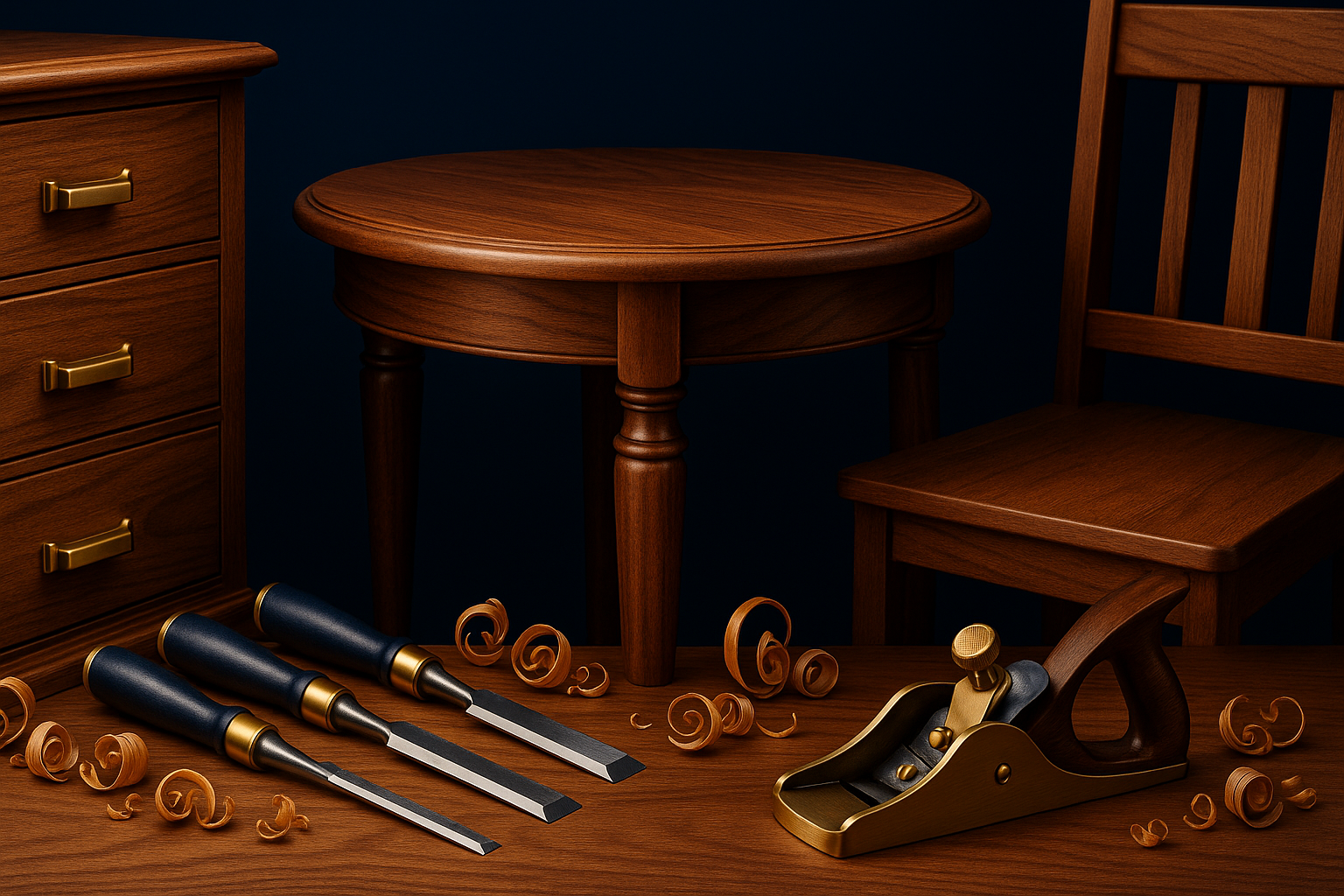 design a high a quality hero banner image for Carpentry Projects (no text) in high quality gold and #243b6b